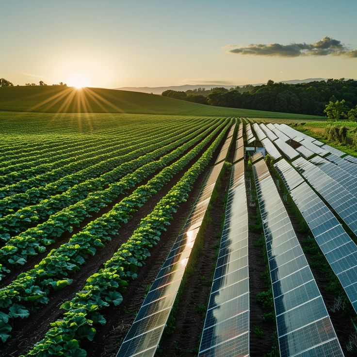 d9b0838c0ac6114b77f10401127f8c72 Solar panels beside lush green farm fields at sunset, showcasing sustainable agriculture practices. | Sky Rye Design Solar panels beside lush green farm fields at sunset, showcasing sustainable agriculture practices.