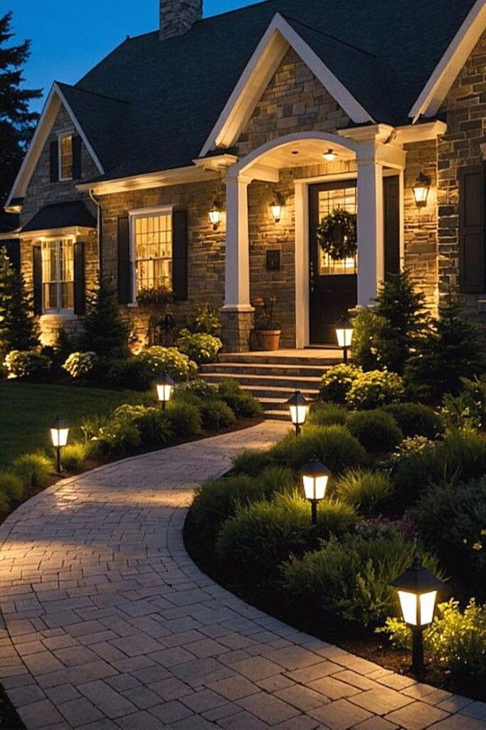 Charming stone house with illuminated pathway and lush garden at dusk.