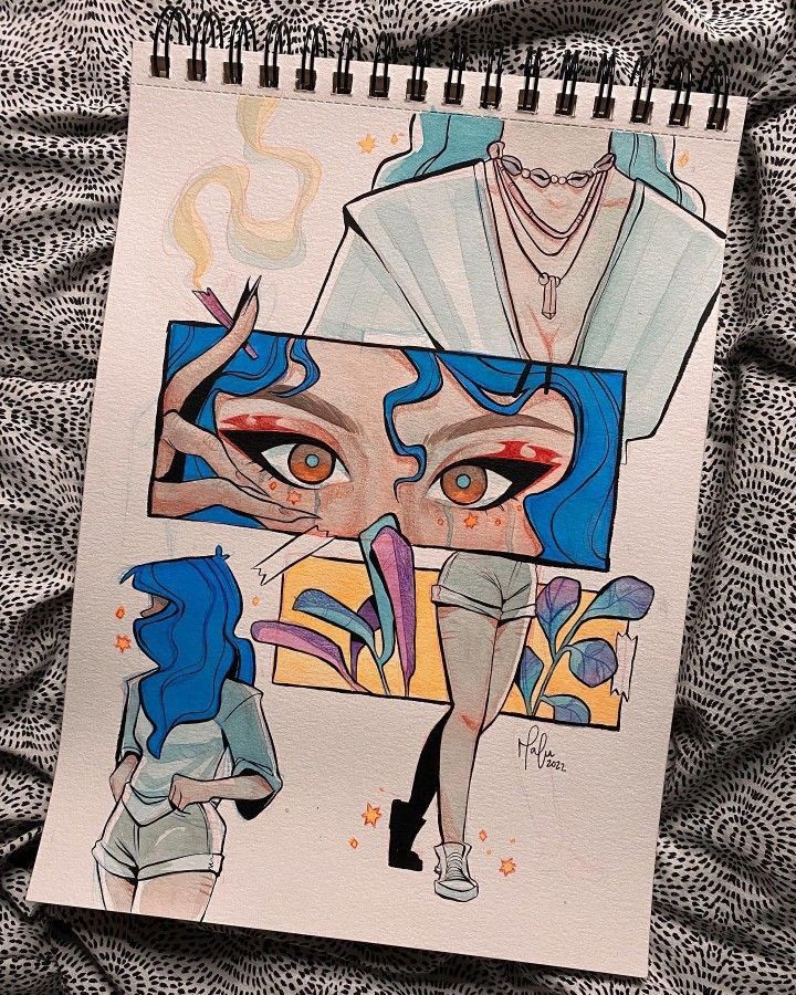 Colorful anime-style art of a person with blue hair and expressive eyes, surrounded by abstract shapes and patterns.