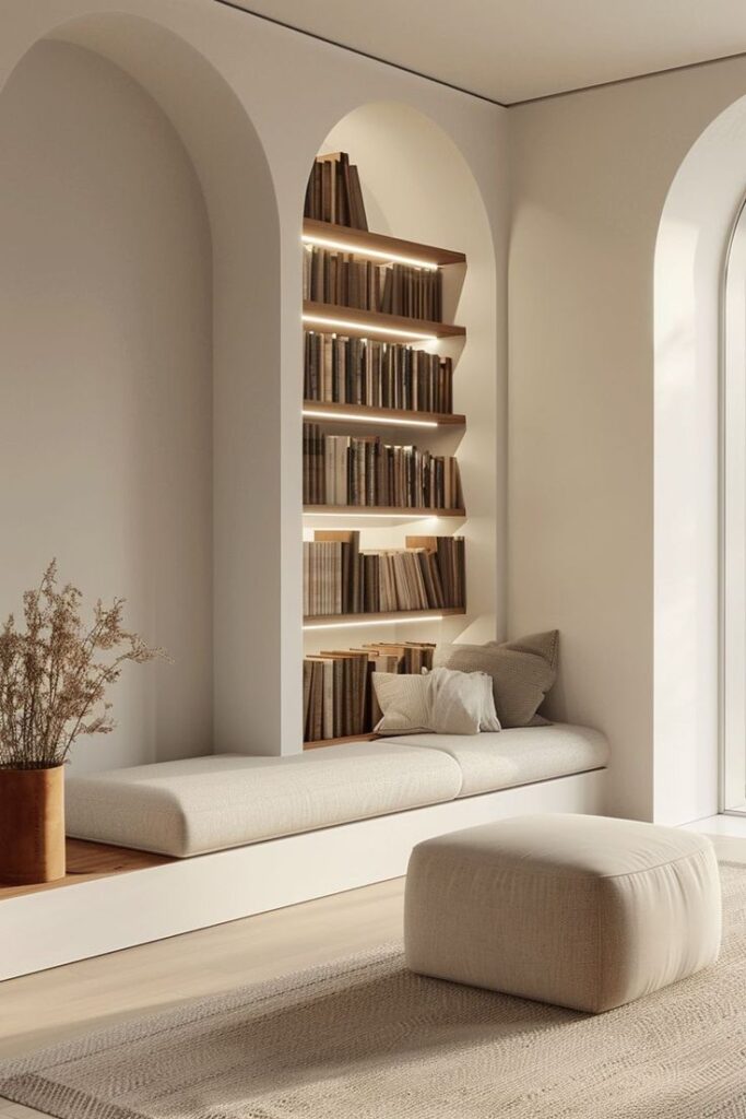 Cozy reading nook with built-in bookshelves, beige cushions, and soft lighting in a modern minimalist room.
