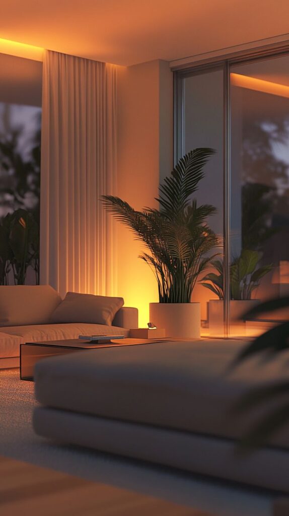 Modern living room with cozy lighting, large potted plant, and minimalist furniture for a relaxing ambiance.
