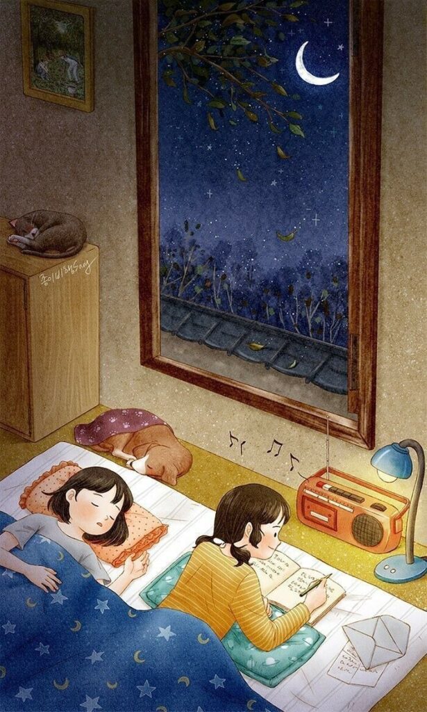 Cozy bedroom scene with kids, dog, and cat asleep. Night sky outside window, radio playing. Peaceful, warm ambiance.