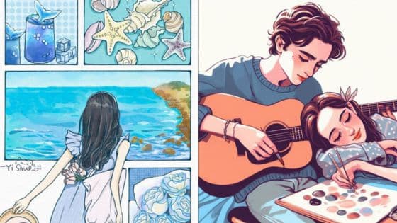 daily sketch ideas Illustrated scenes of seaside shells and a couple, with a girl painting as a boy plays guitar. | Sky Rye Design Illustrated scenes of seaside shells and a couple, with a girl painting as a boy plays guitar.
