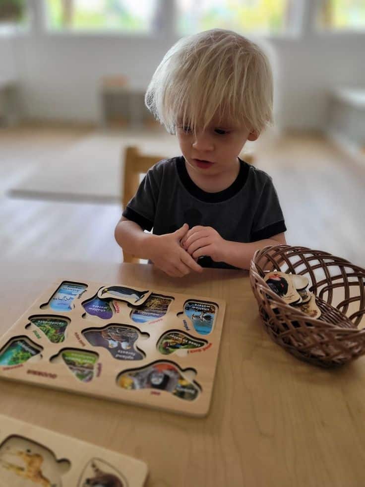 Young child solving an educational wooden puzzle indoors at a table, with focus and curiosity.