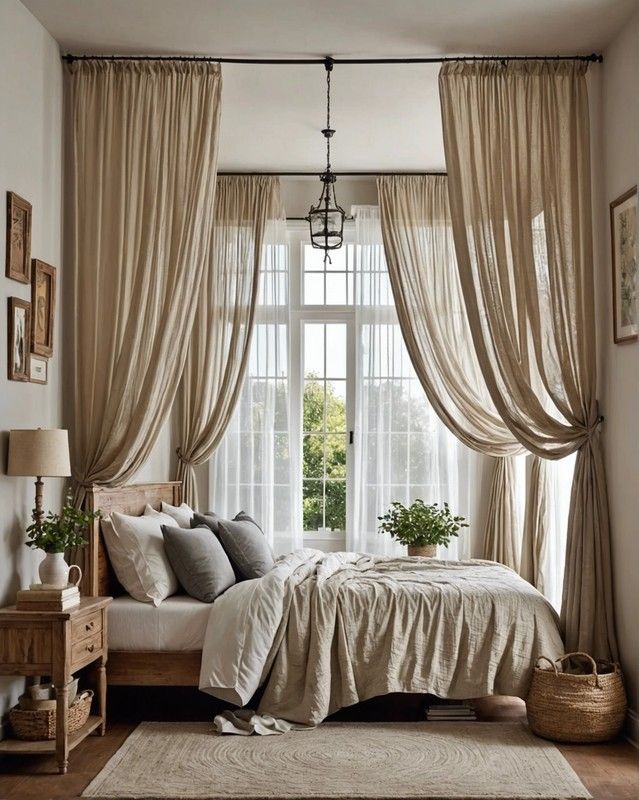 Elegant bedroom with beige curtains, cozy bed, natural light, and wooden accents for a serene and inviting atmosphere.
