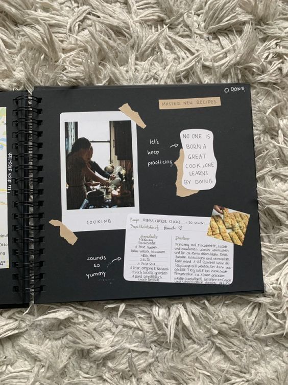 Scrapbook page with cooking photo, pizza cheese sticks recipe, and motivational quote about learning by doing.