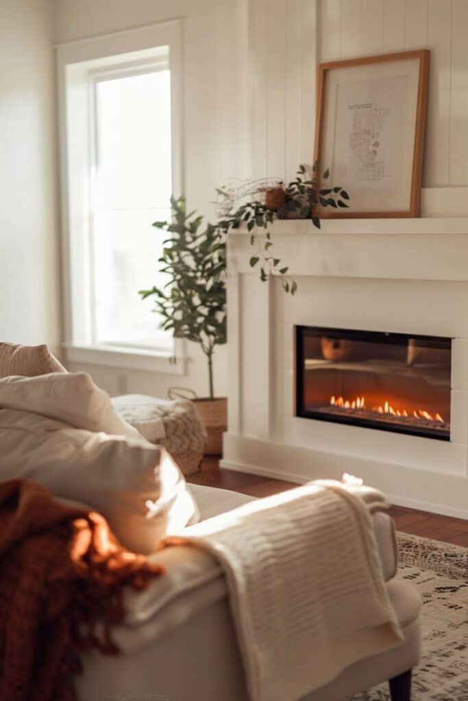 Cozy living room with modern fireplace, comfy sofa, and warm blankets in soft natural light.