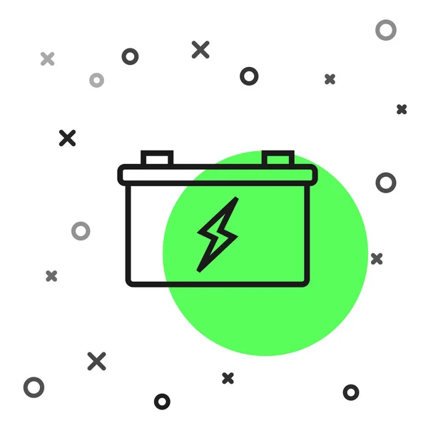 Icon of a car battery with lightning bolt over green circle background, surrounded by abstract shapes.