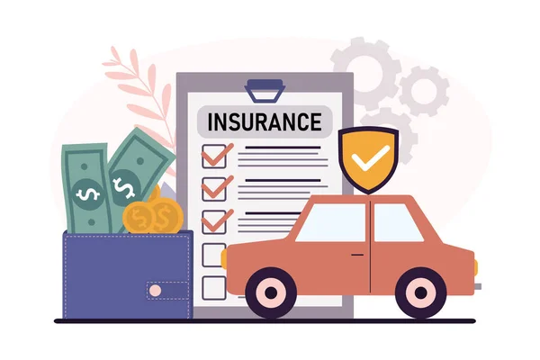 Illustration of car insurance concept with money, car, insurance checklist, and shield symbol.