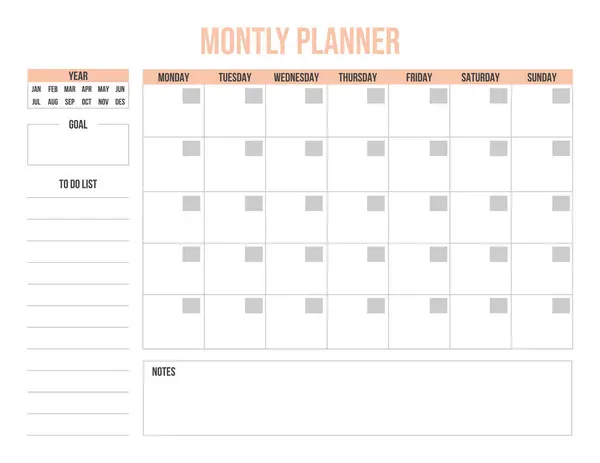 Blank monthly planner with weekdays, goal section, to-do list, and notes area. Ideal for organizing tasks and scheduling.