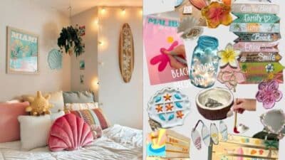 Cozy beach-themed bedroom with decor ideas, seashell pillows, lights, and colorful wall art.