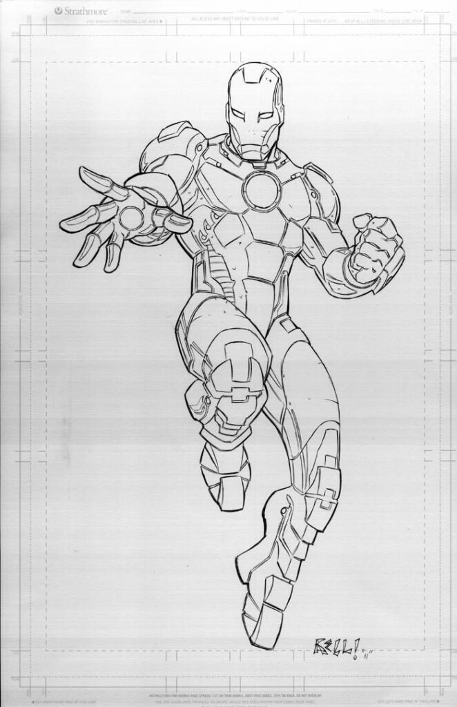 Line drawing of a futuristic superhero in armor, posed dynamically with an extended hand.