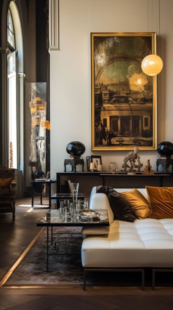 Luxurious living room with modern decor, white sofa, and a large painting on the wall under ambient lighting.