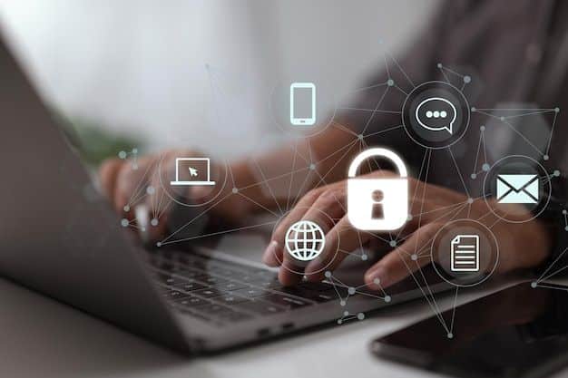 Person typing on laptop with virtual security icons, representing digital security and connectivity.