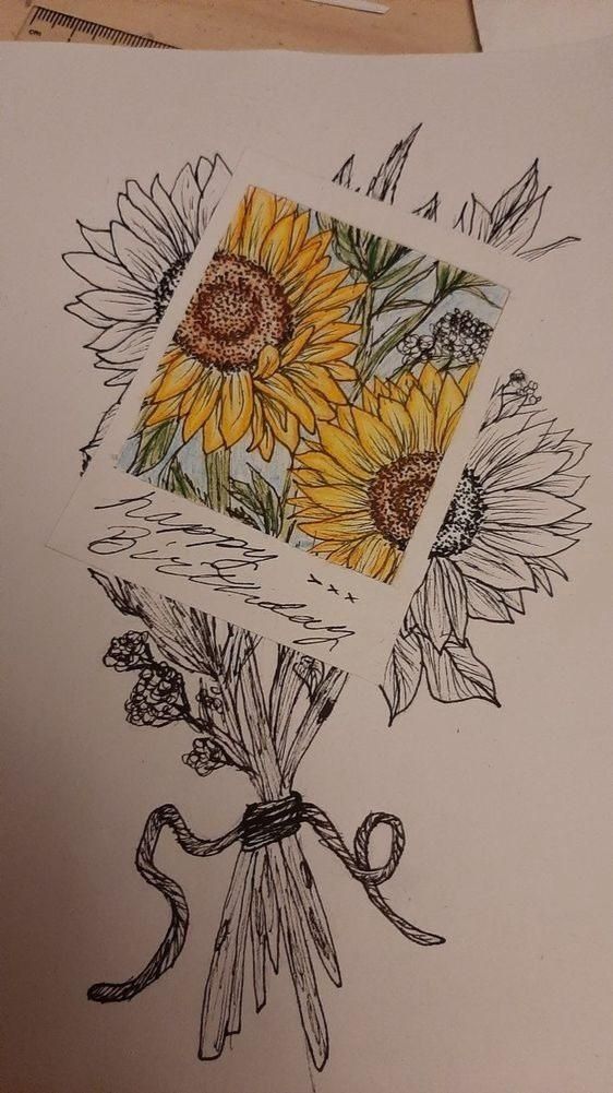 Illustration of sunflowers with a colorful drawing, tied with a ribbon, showcasing art in different styles.