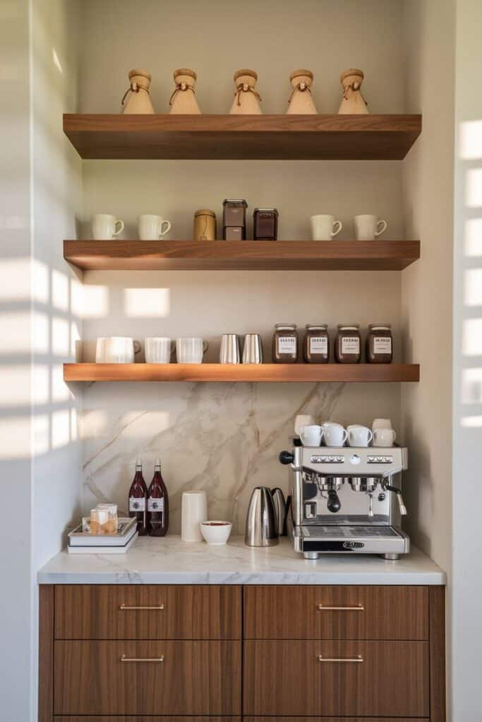 Modern coffee nook with shelves, jars, cups, and an espresso machine on a marble countertop.