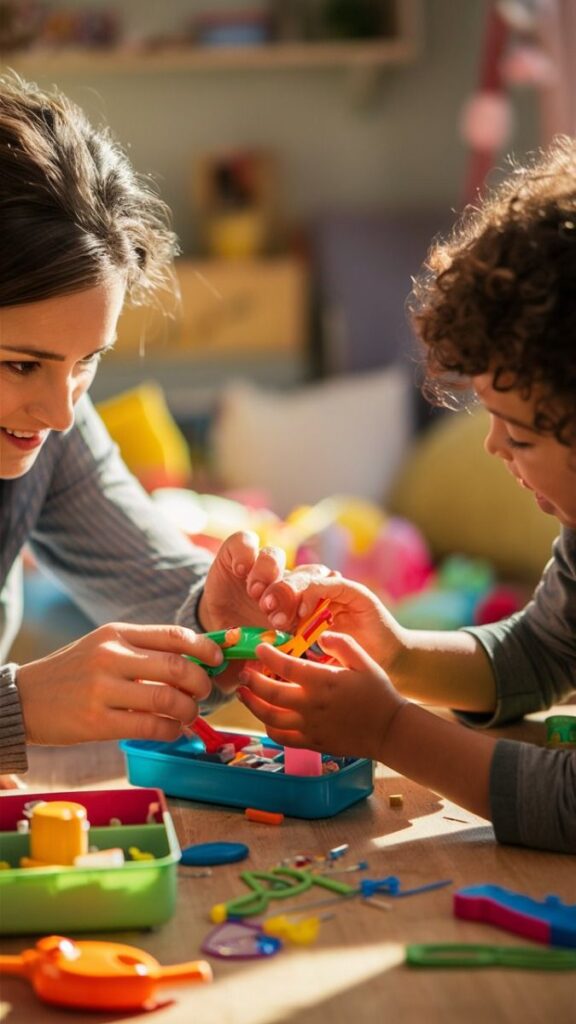 Adult and child playing with colorful building toys on a table, fostering creative learning and bonding.