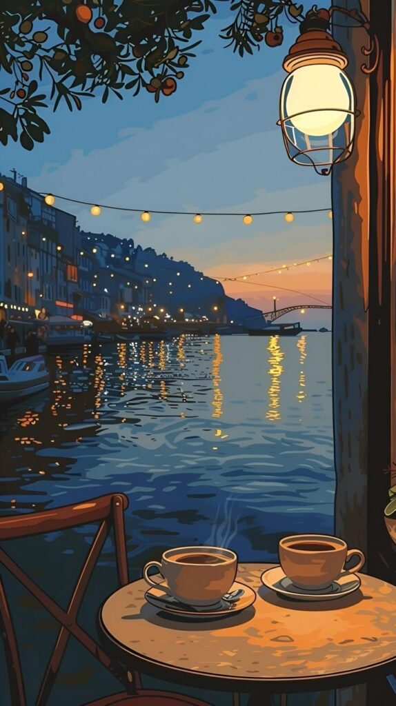 Scenic cafe table by the water at sunset, featuring steaming coffee cups and hanging lights for a relaxing evening.