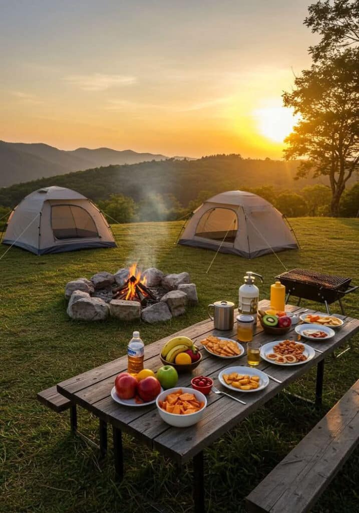 Camping scene with tents, a campfire, and a picnic table set with fruits and snacks at sunset.