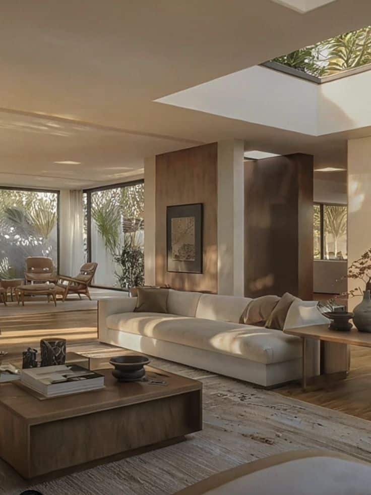 Modern living room with beige sofa, large windows, wooden furniture, and natural light filtering through a skylight.