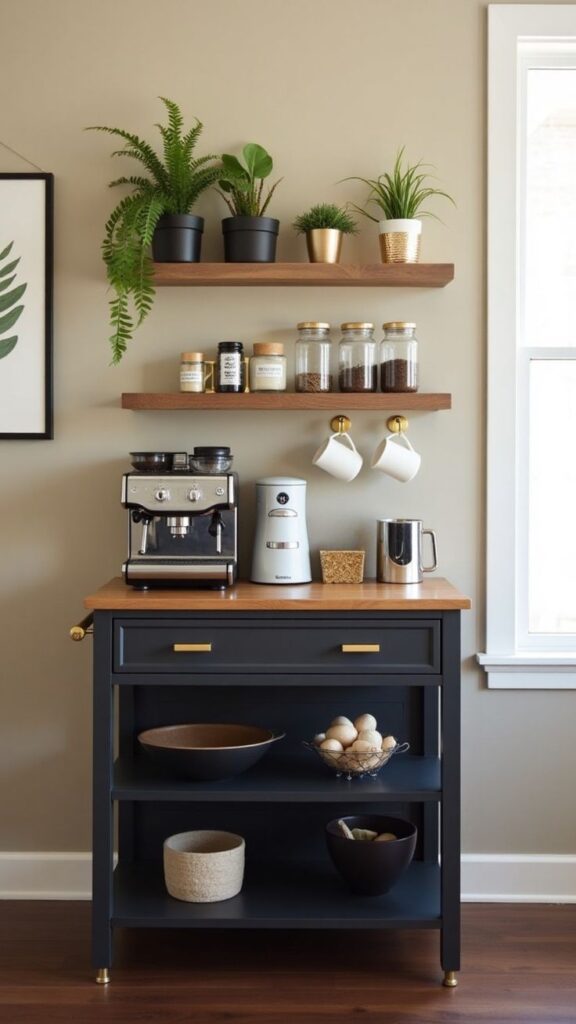 e6e014563a6150c5f9f1ef8af6e87ce3 Modern coffee station with plants, shelves, espresso machine, and accessories. Perfect for stylish home decor. | Sky Rye Design Modern coffee station with plants, shelves, espresso machine, and accessories. Perfect for stylish home decor.