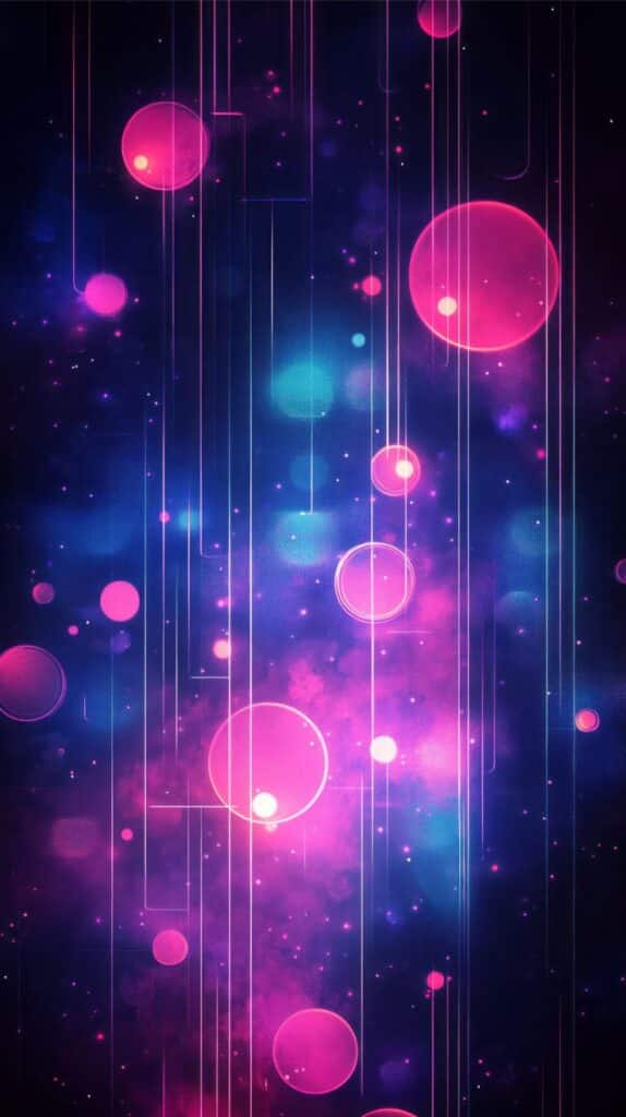 Futuristic neon abstract background with glowing pink and blue circles amidst a dark starry space ambiance.