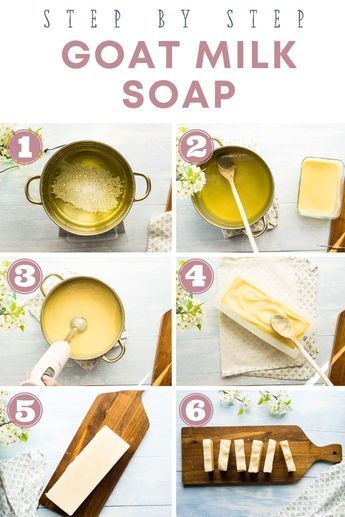 Step-by-step guide to making goat milk soap, featuring six images illustrating each process stage.