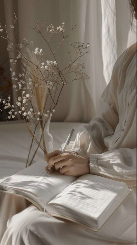 Person writing in journal next to dried flowers, softly lit by natural light—peaceful and reflective scene.