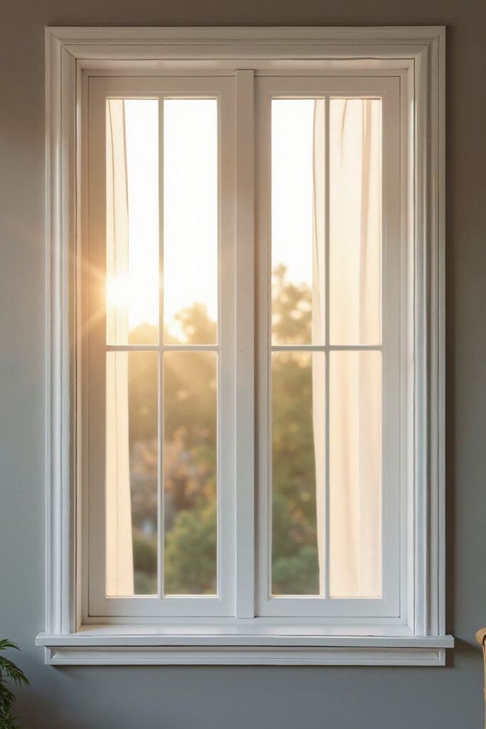 Sunlight streaming through a closed window with white curtains and green trees outside.