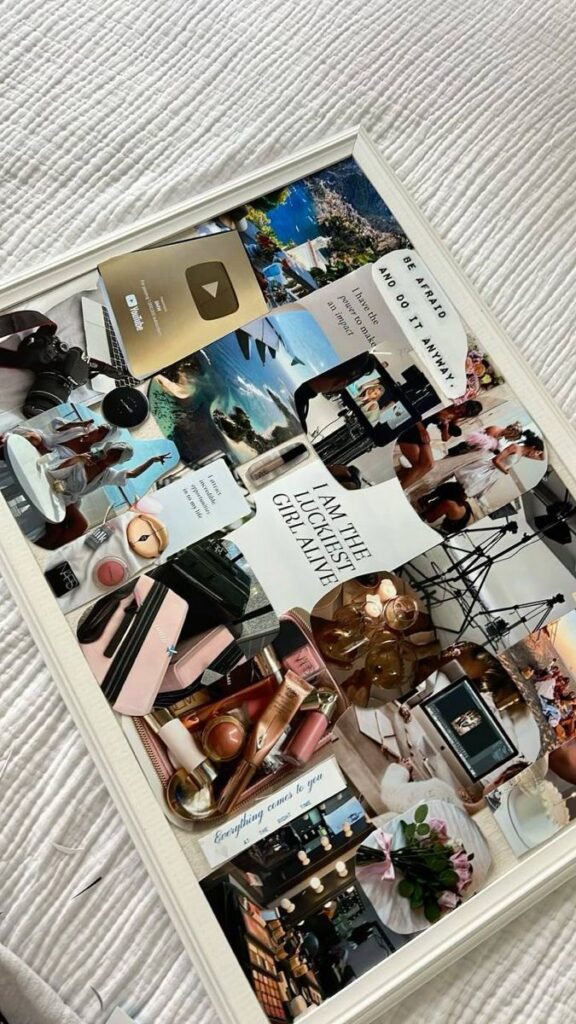 Vision board with travel photos, beauty products, YouTube plaque, and motivational quotes on a textured white background.
