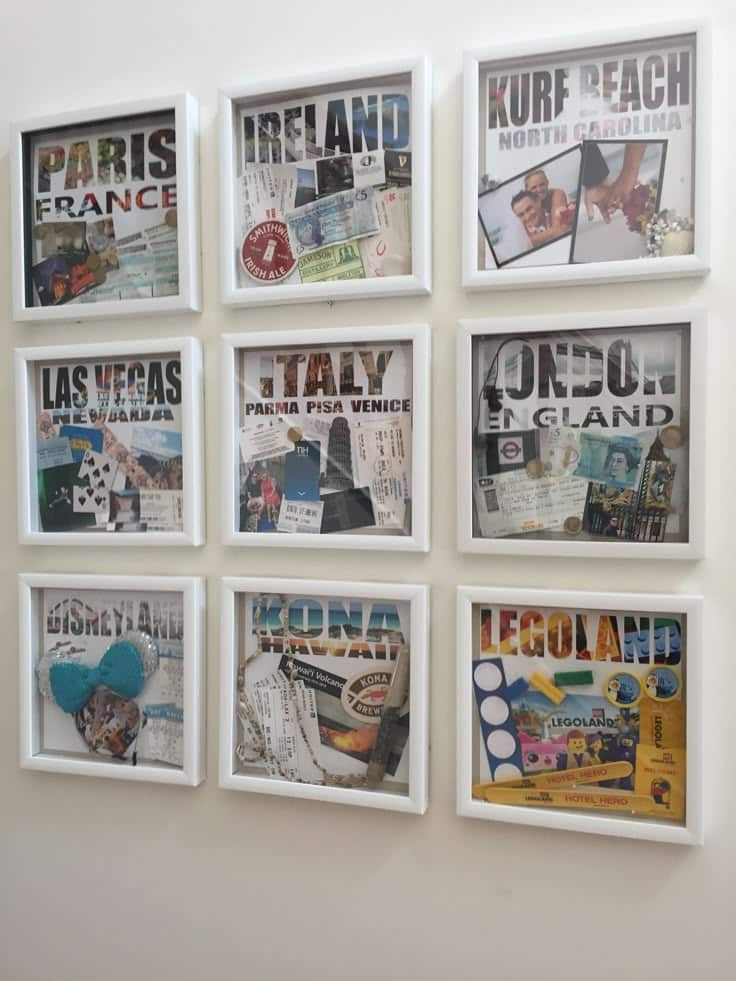 Collage of nine frames with mementos from Paris, Ireland, Las Vegas, Italy, London, Kurf Beach, Disneyland, Kona, Legoland.