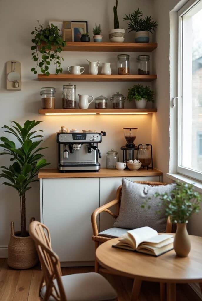 Cozy home coffee nook with espresso machine, open shelves, plants, and reading chair by sunlit window.