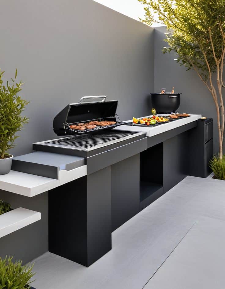 Modern outdoor kitchen with sleek barbecue grill, cooking meat and vegetables, surrounded by greenery.