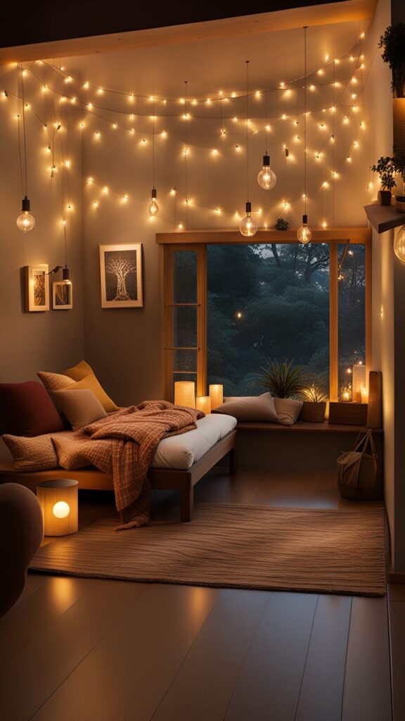 Cozy bedroom with warm string lights, soft cushions, and a large window view at dusk for a tranquil ambiance.