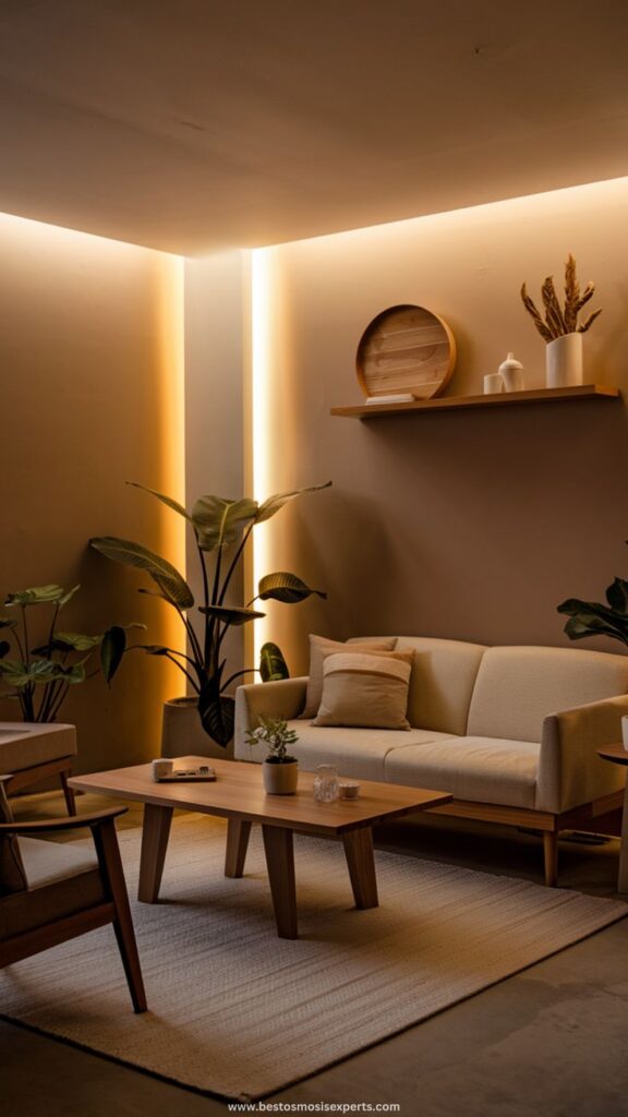 Modern living room with beige sofa, wooden coffee table, plants, and soft ambient lighting.