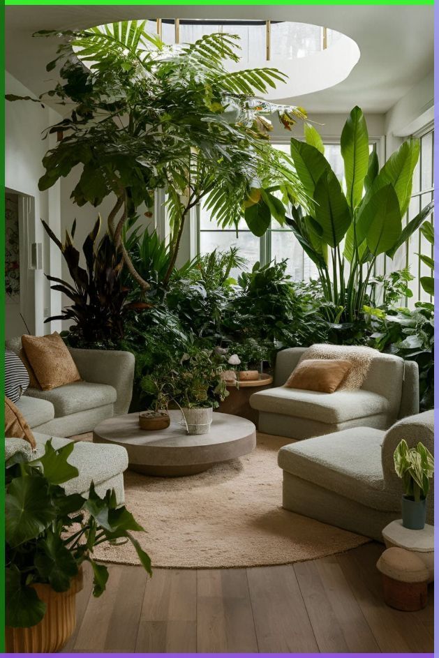 Stylish living room with lush indoor plants, comfy sofas, and a round coffee table under a skylight.