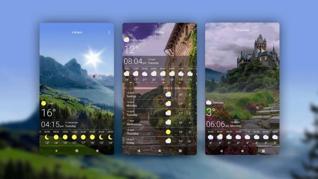 Three weather app screens showing forecasts for Miami, Milan, and Cochem with scenic backgrounds.