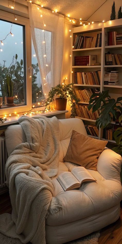 Cozy reading nook with armchair, open book, fairy lights, and bookshelves by a window. Warm and inviting ambiance.