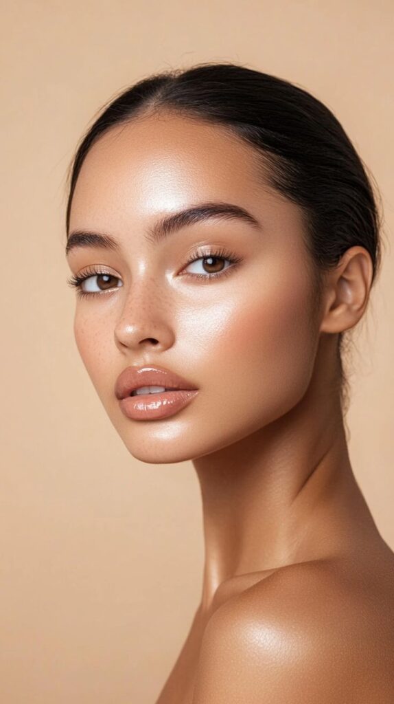 Close-up of a model with glowing skin and natural makeup on a beige background.