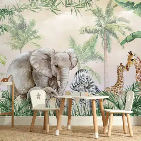 Jungle-themed kids' room with elephant, zebra, and giraffes painted on the wall, surrounded by tropical plants.