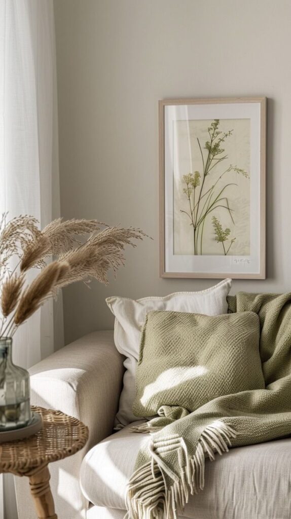 Cozy living room corner with beige sofa, green pillows, framed botanical art, and rustic decor.