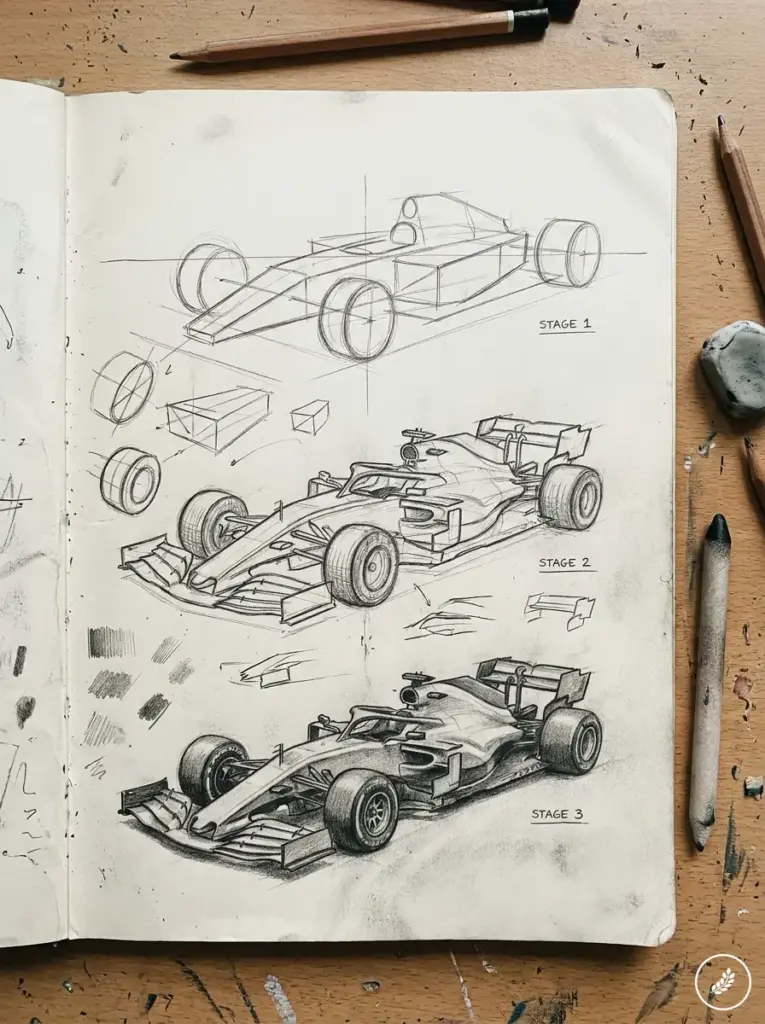 Formula 1 car pencil sketches in sketchbook showing step-by-step design stages 1–3 with wheel studies
