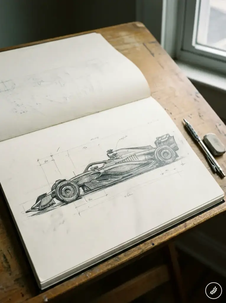 Formula race car concept sketch in sketchbook with measurements — pencil drawing on a wooden desk