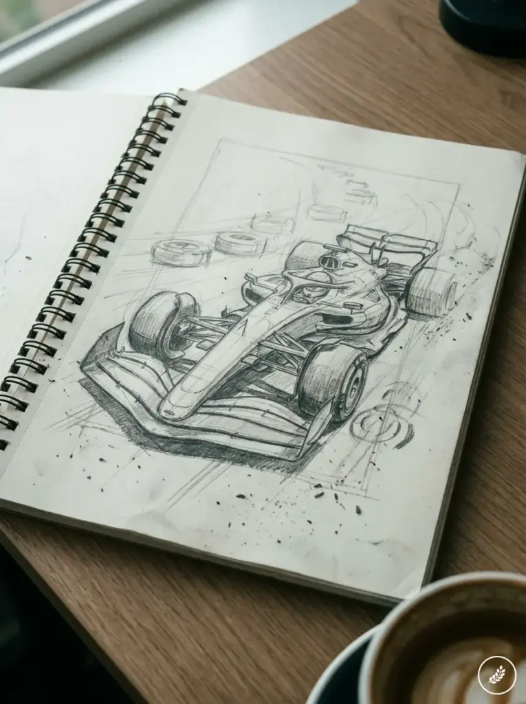 Formula 1 car pencil sketch in a spiral sketchbook on wooden desk beside coffee cup