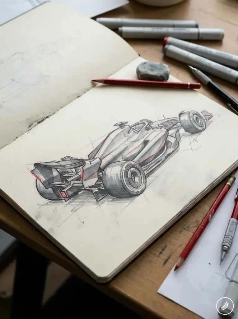 Formula race car concept sketch in sketchbook with pencils and markers on wooden desk, automotive design