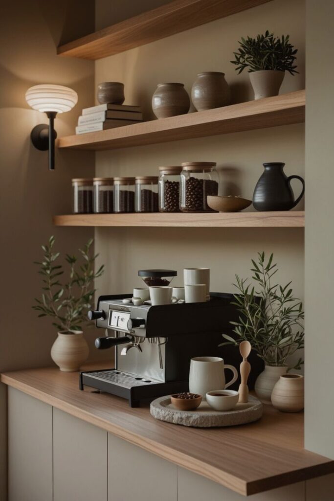 Minimalist coffee corner with espresso machine, jars of coffee beans, and potted plants on a wooden shelf.