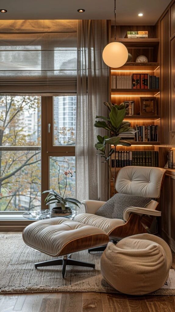 Cozy reading nook with modern lounge chair, bookshelf, and large window view in a stylish, warm-toned interior space.