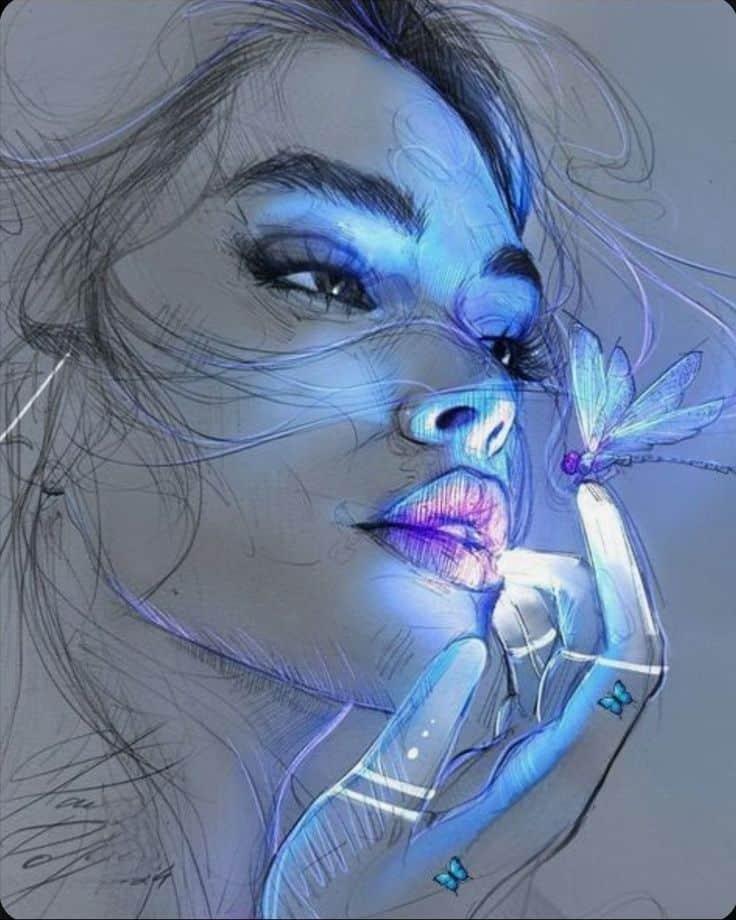 Artistic illustration of a woman with glowing features and a blue dragonfly on her finger, evoking fantasy themes.