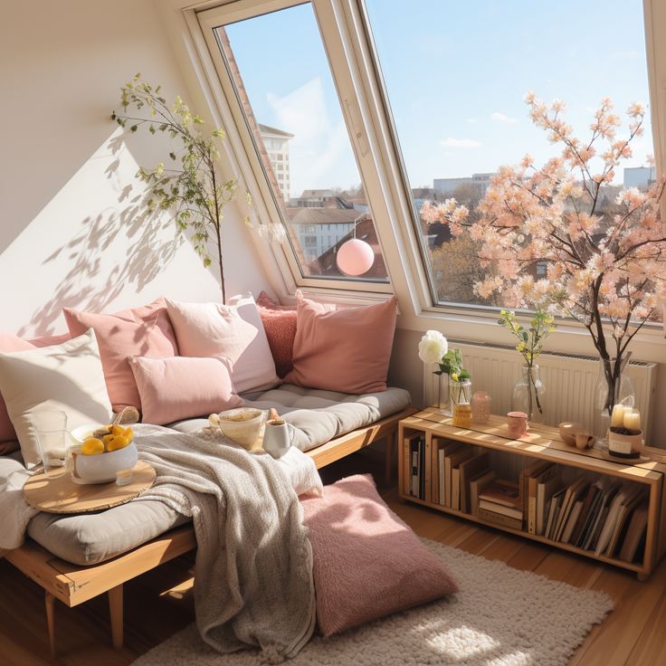 Cozy sunlit reading nook with pink pillows, blankets, and blooming cherry blossoms by a large window.