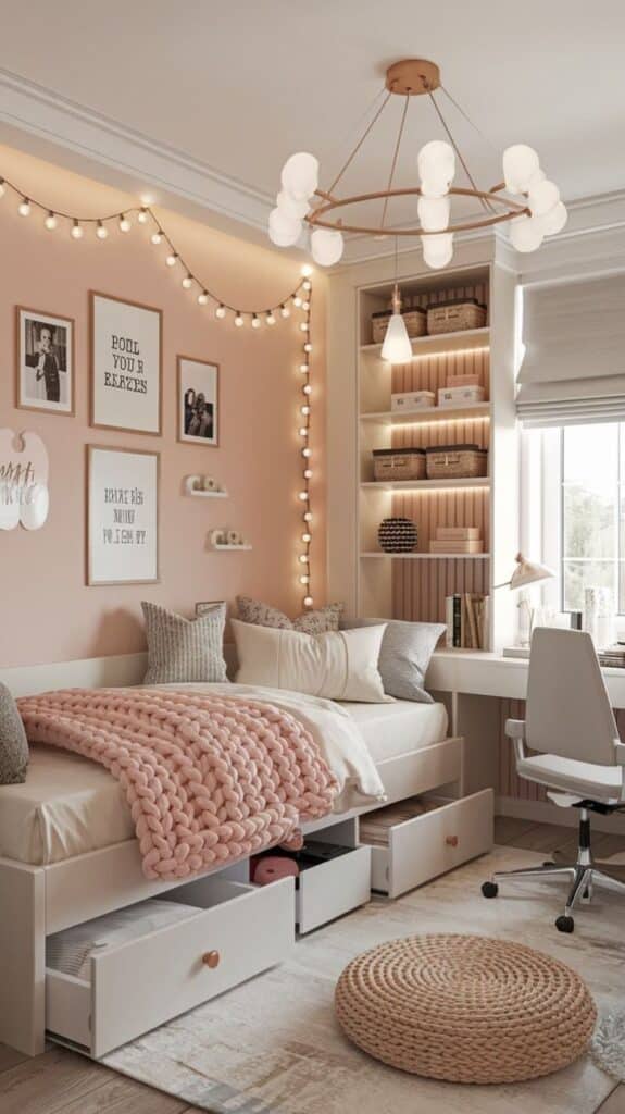 Cozy bedroom with pink accents, featuring string lights, a knit blanket, open drawers, and a white desk near a window.